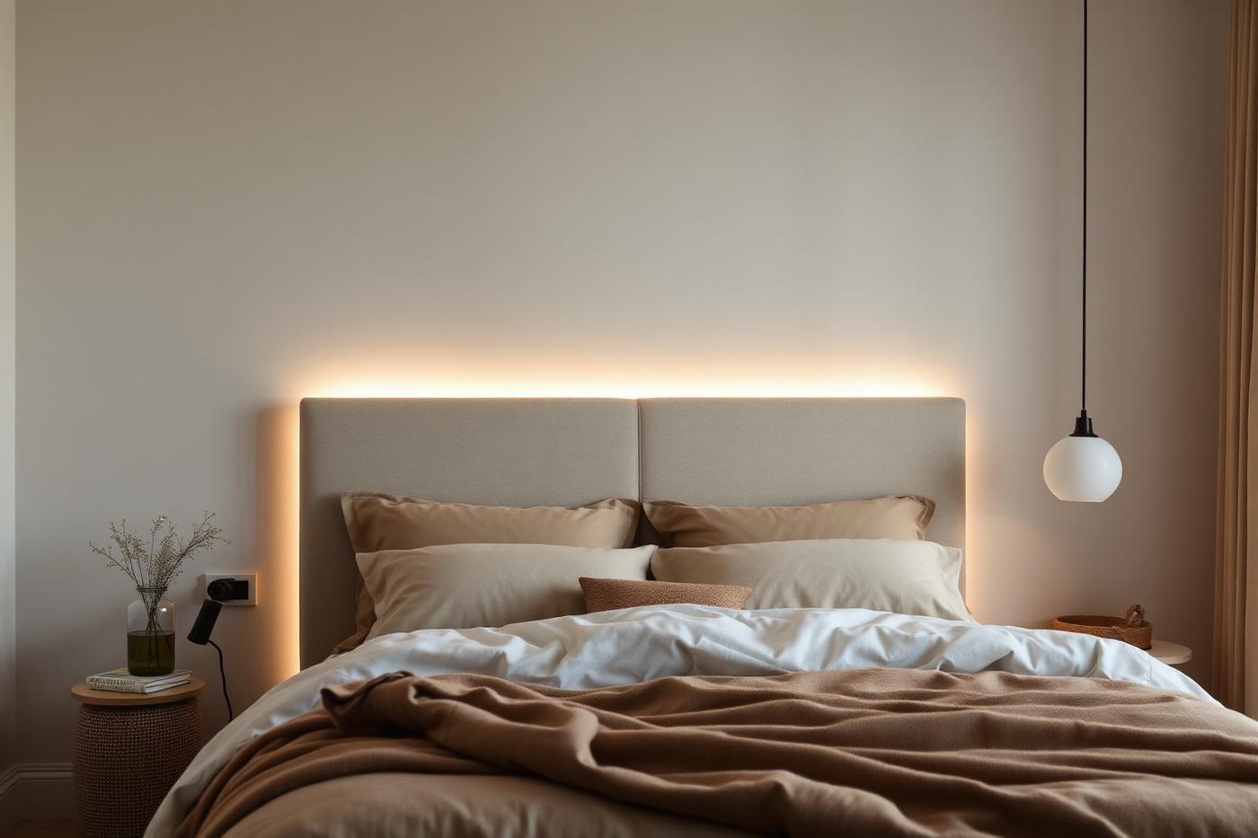 Bed met dimbare LED strip achter linnen hoofdeinde en warme bolpendant