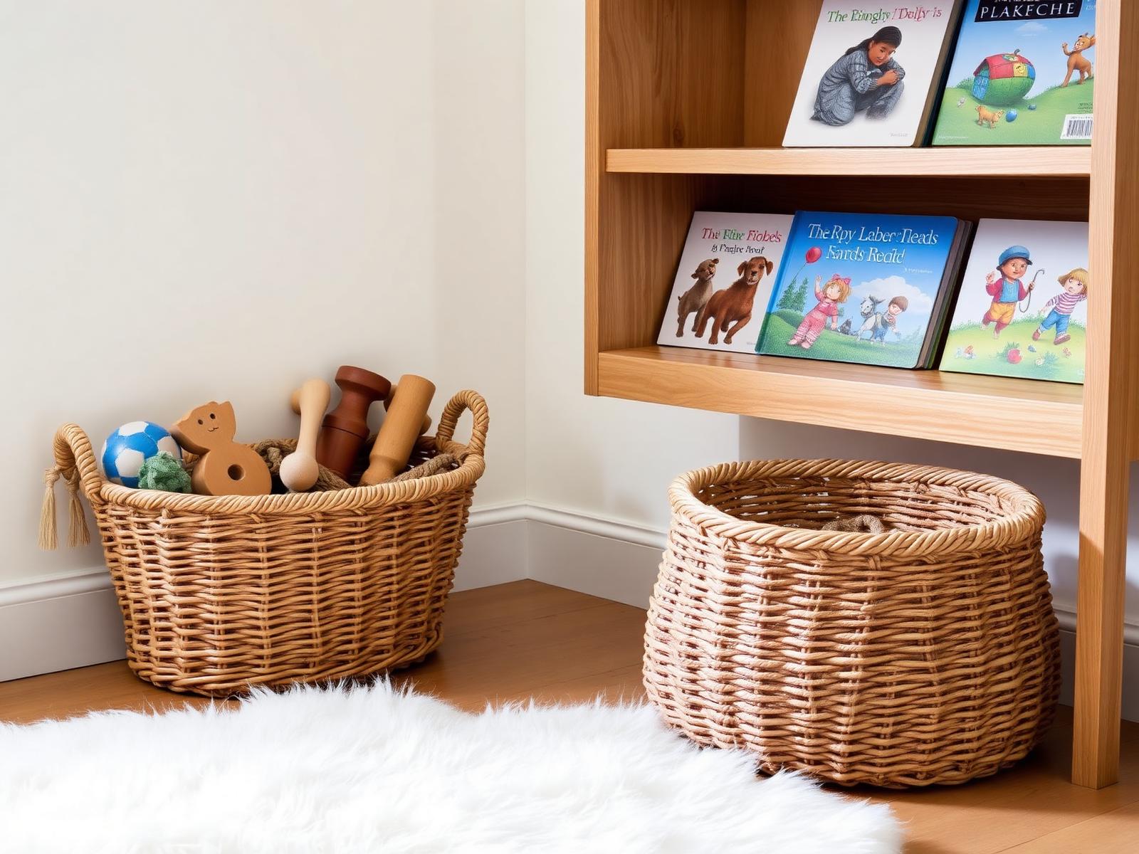 Speelhoek detail met rotan mand vol houten speelgoed naast lage boekenplank
