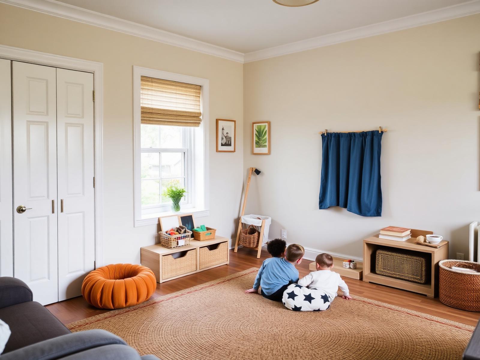 Woonkamer hoek met opgeruimde speelzone, jute vloerkleed en lage gesloten kast