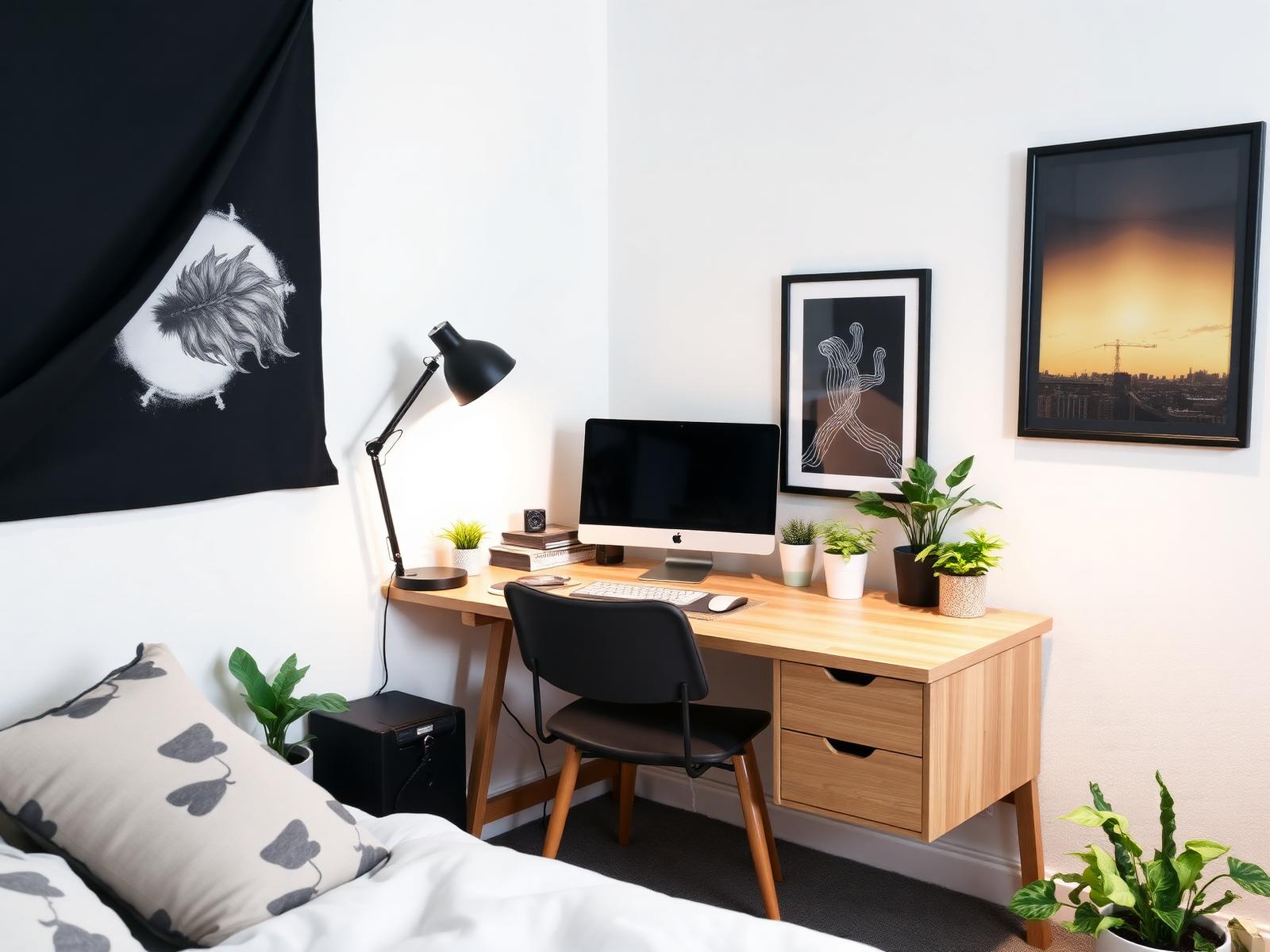 Tienerbureau in licht eiken met zwarte lamp en monitor, gestyled met posters