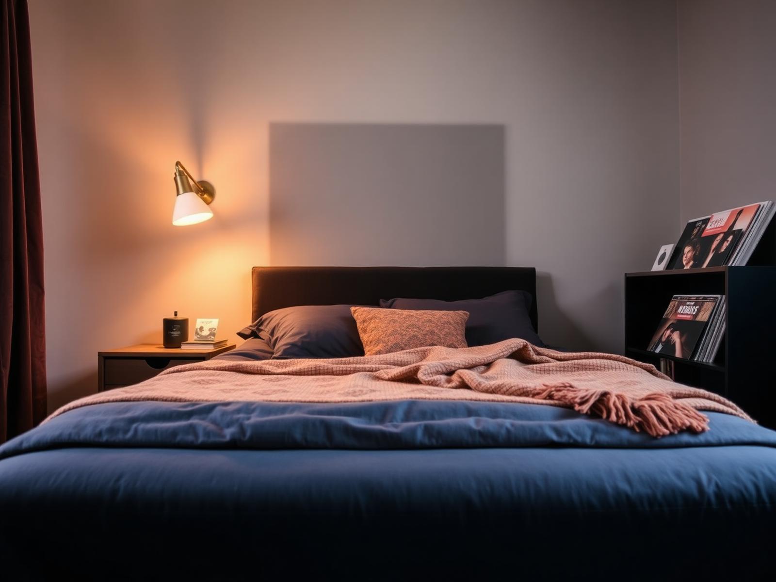 Tienerbed met charcoal linnen en warme wandlamp boven nachtkastje