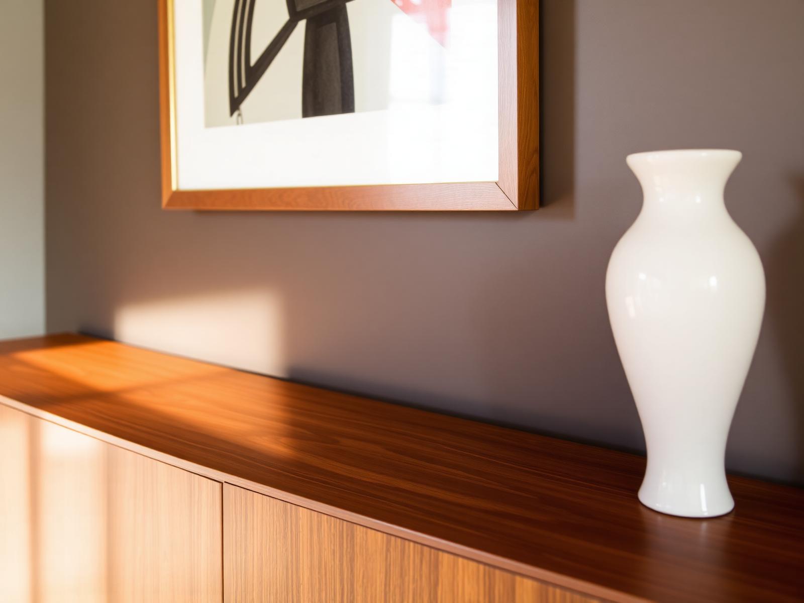 Vintage walnoot dressoir met moderne ceramic vase en kunstwerk erboven