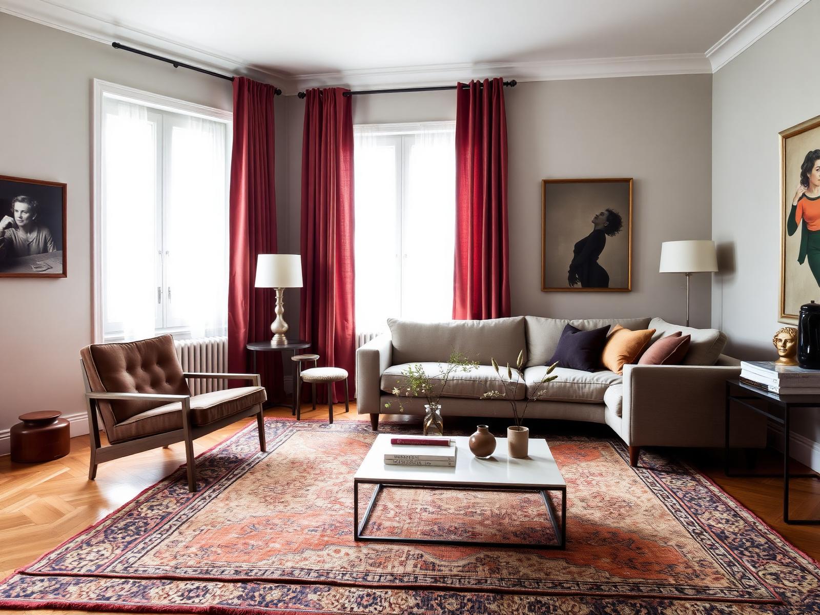 Woonkamer hoek met vintage Pierre Jeanneret stoel, moderne sofa en vintage kleed