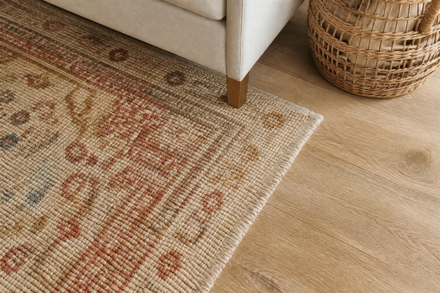 Hoek van een wollen vloerkleed in beige en terracotta die overgaat in een lichte eiken vloer, met een bankpoot erop