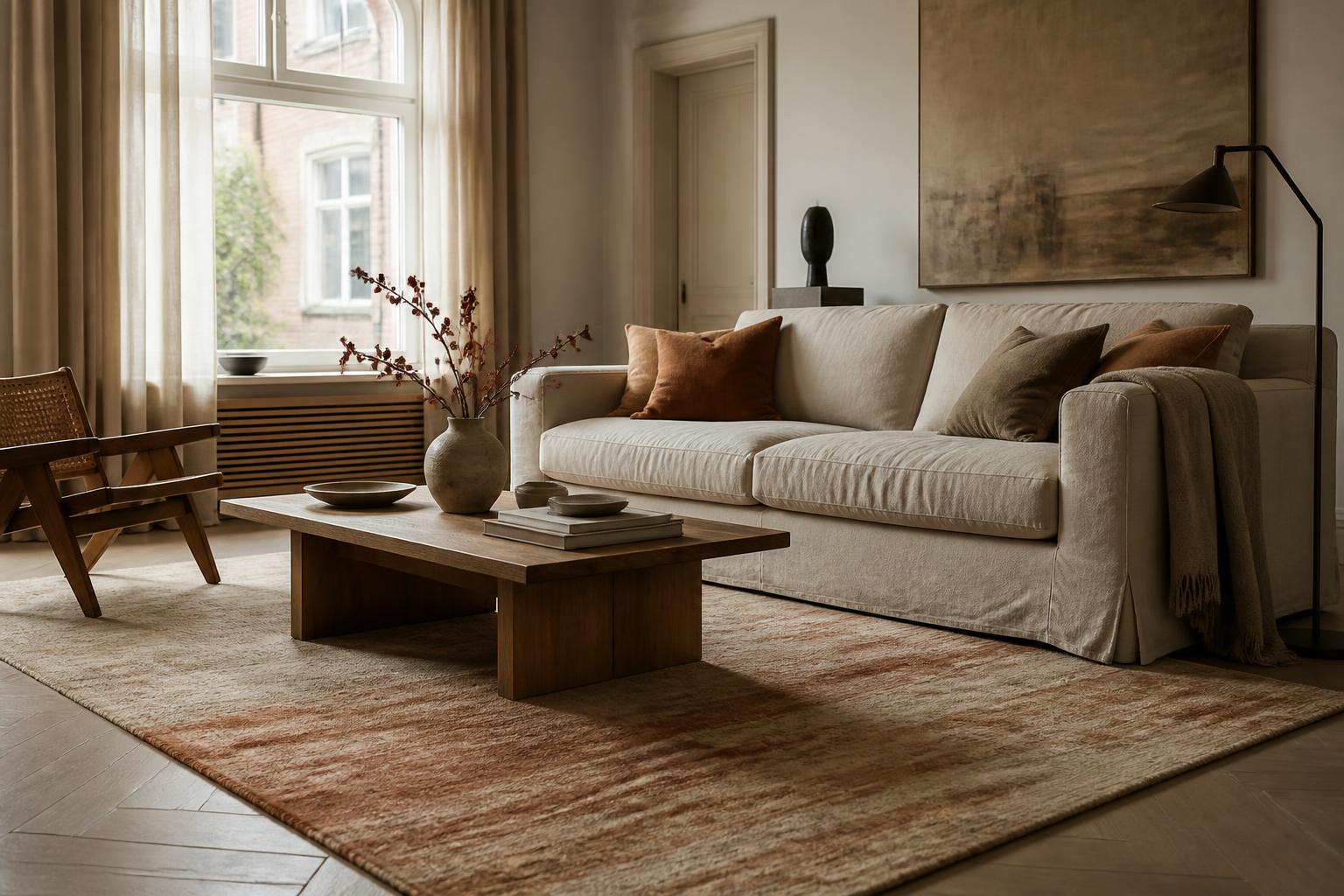 Woonkamer met een groot wollen vloerkleed in zand- en kleitinten onder een linnen bank en eiken salontafel