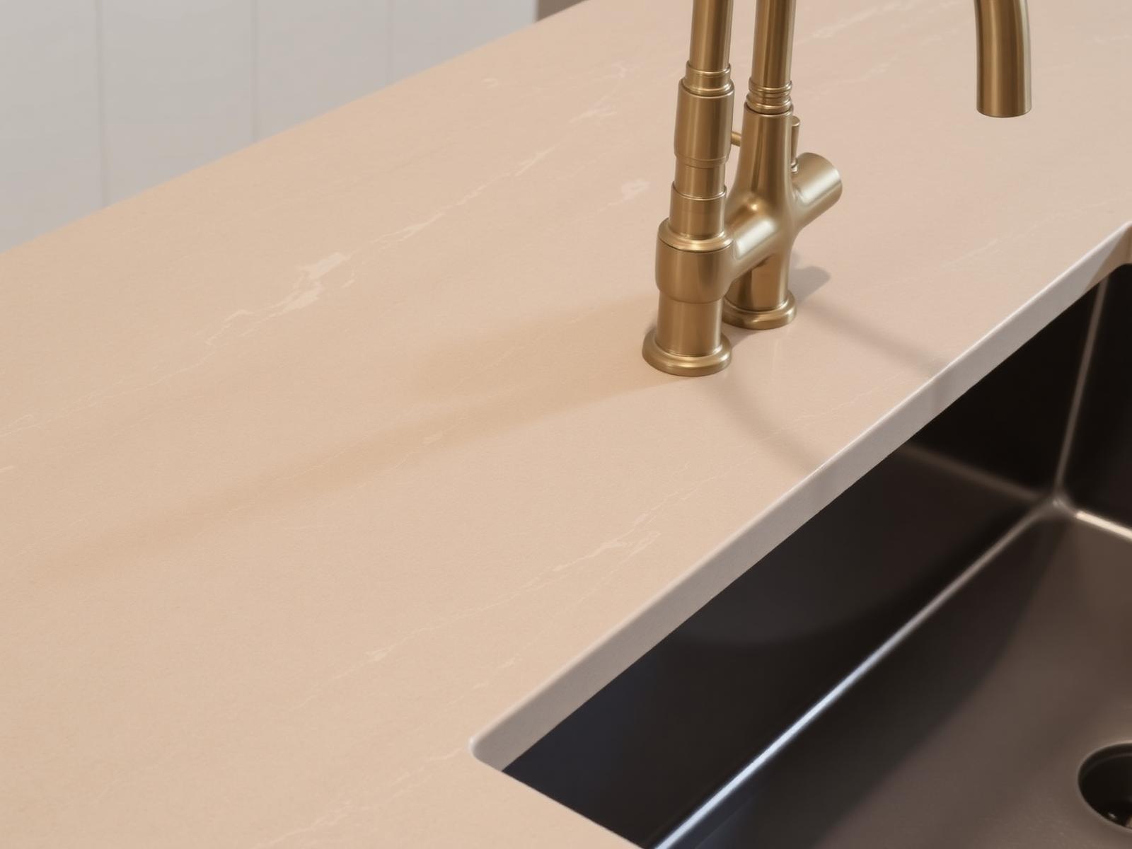 Detail composiet werkblad in zachte taupe met geïntegreerde spoelbak en brass tap