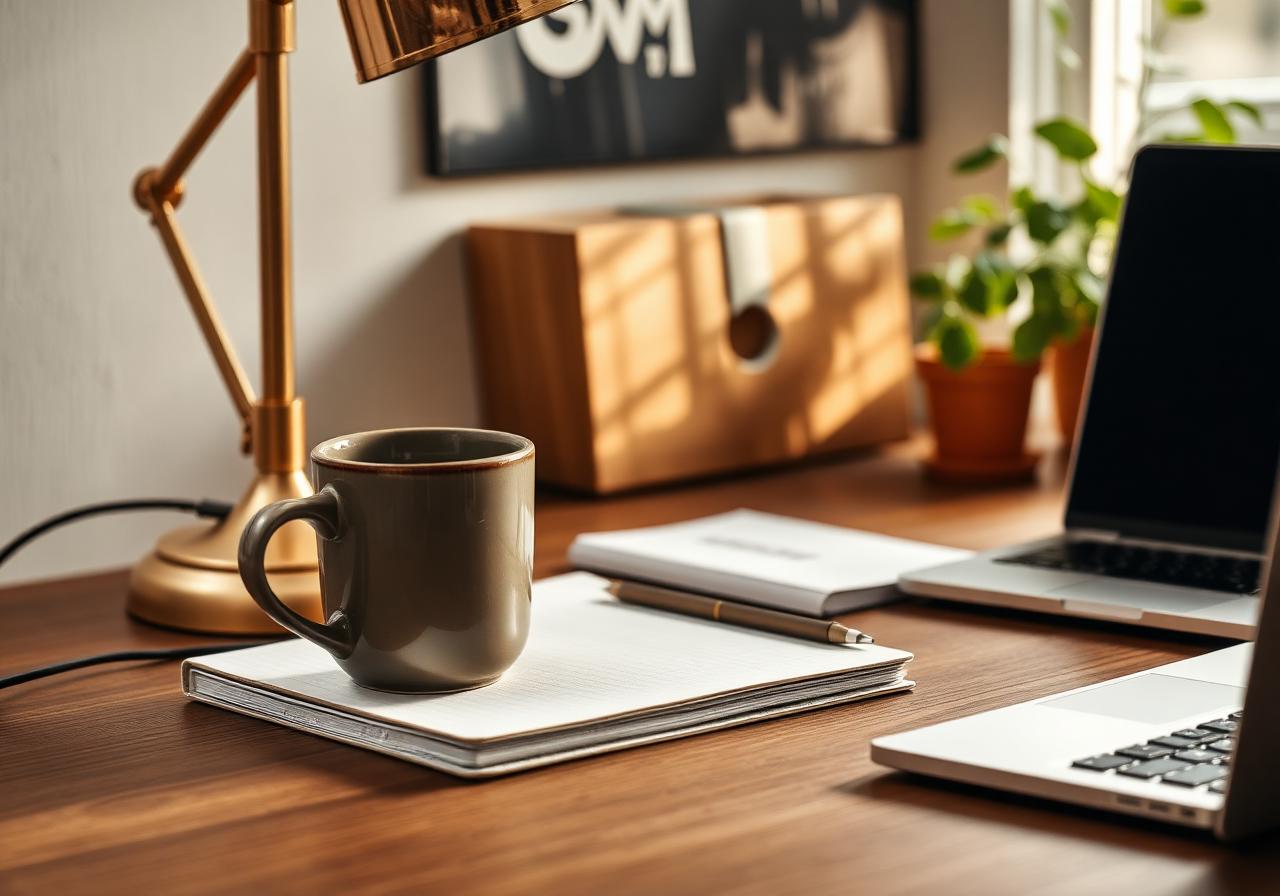 Detail van walnoot bureau met messing lamp en notitieboek